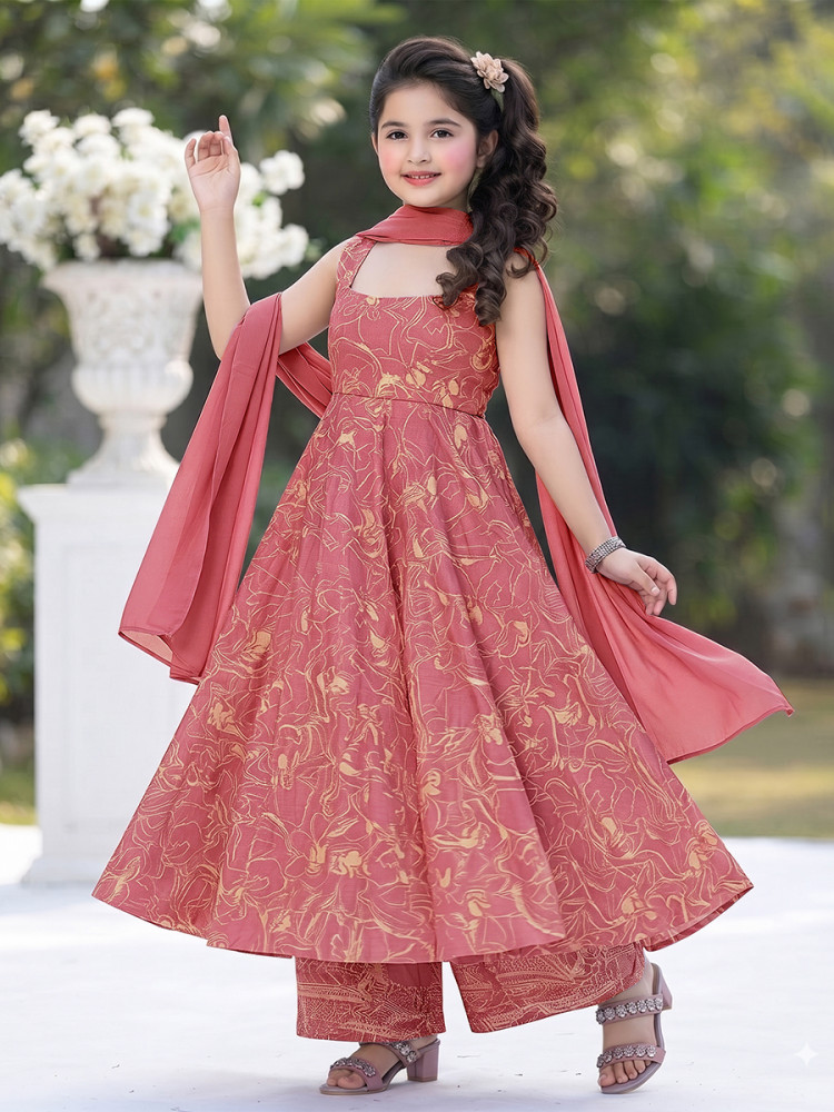 Image of Pink Muslin Printed Ethnic Casual Festival Party Wedding Gown