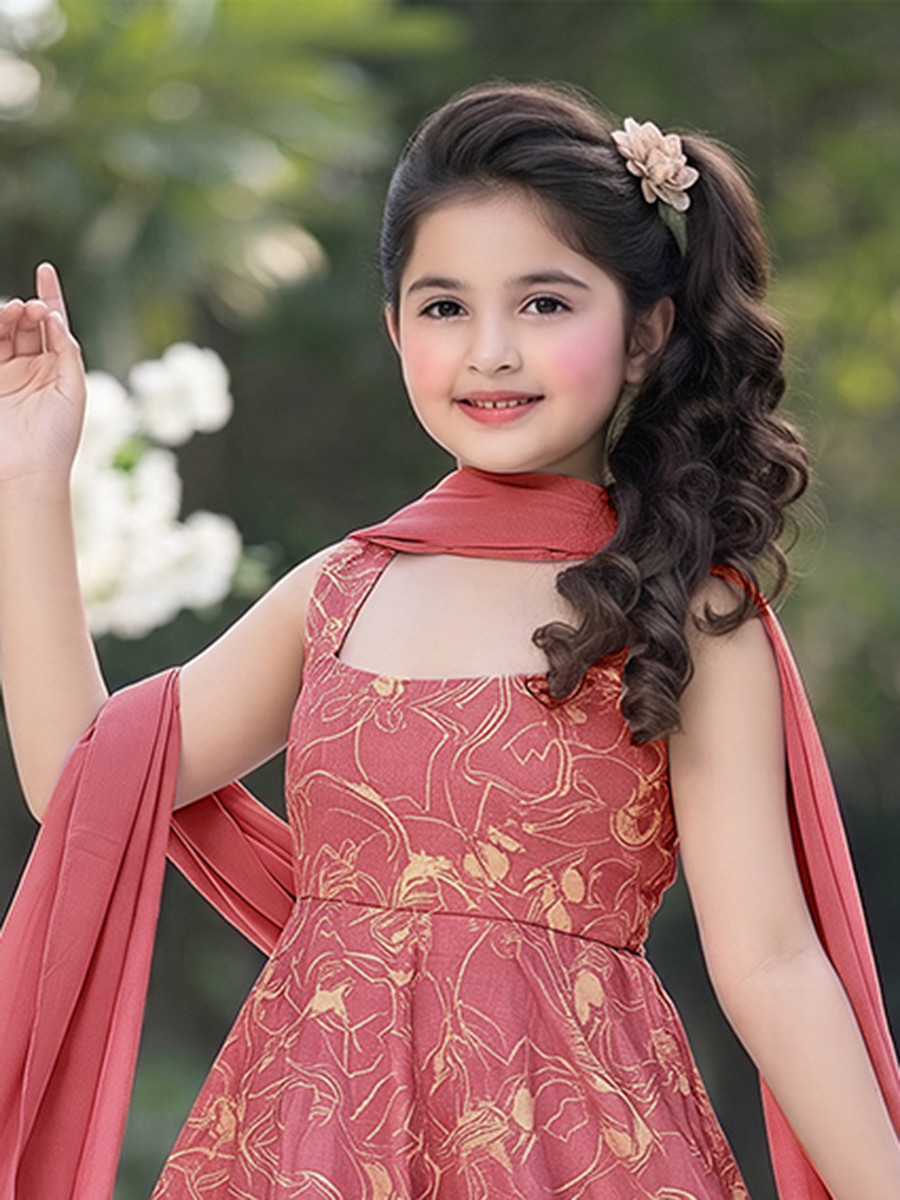 Pink Muslin Printed Ethnic Casual Festival Party Wedding Gown