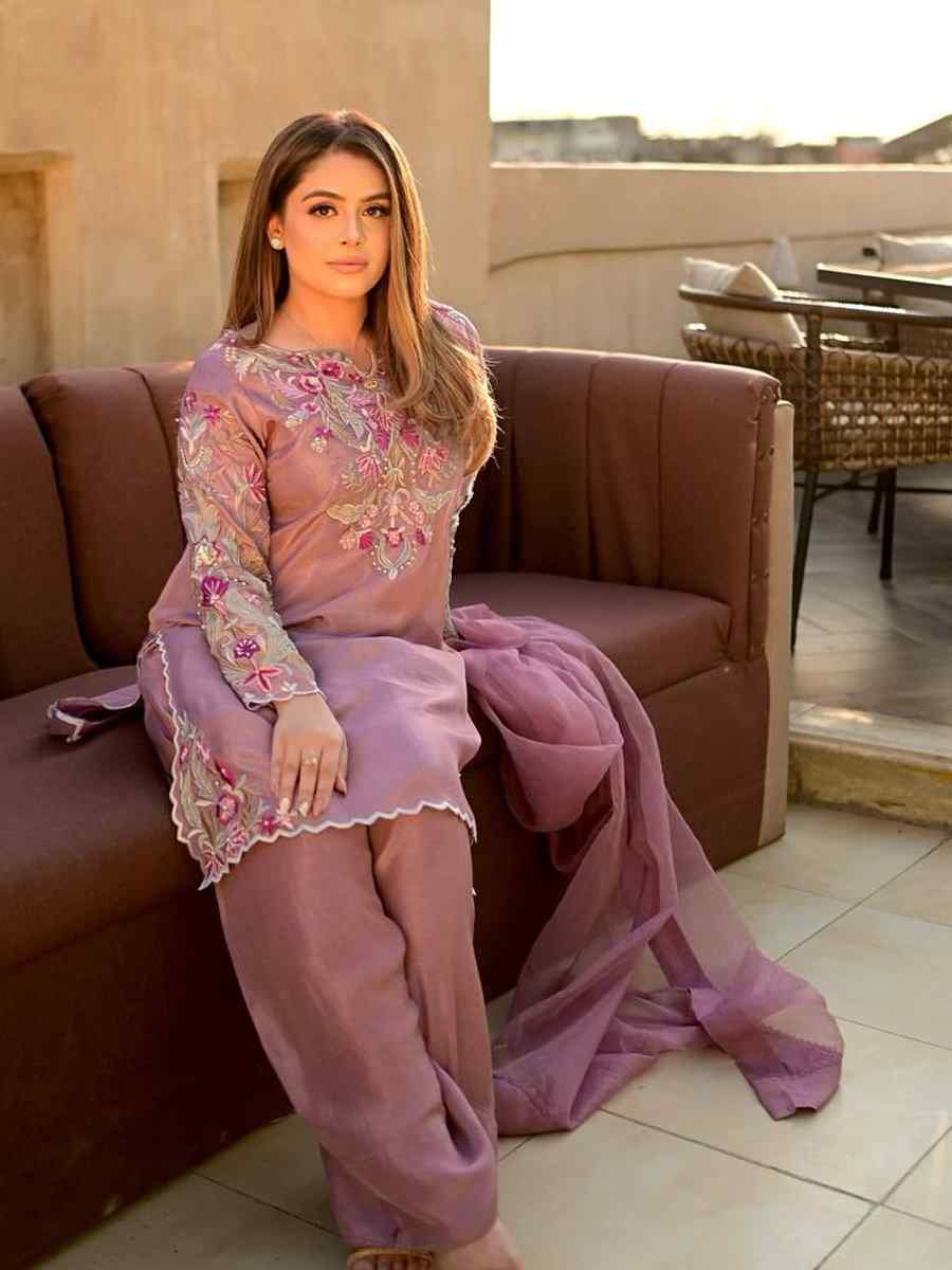 Pink Nature Crepe Silk Embroidered Festival Mehendi Ready Farsi Salwar Kameez