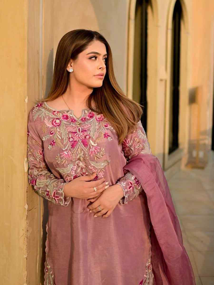 Pink Nature Crepe Silk Embroidered Festival Mehendi Ready Farsi Salwar Kameez