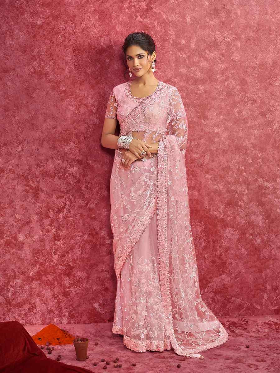 Pink Net  Embroidery Bridal Reception Festival Wedding Fancy Heavy Border Saree
