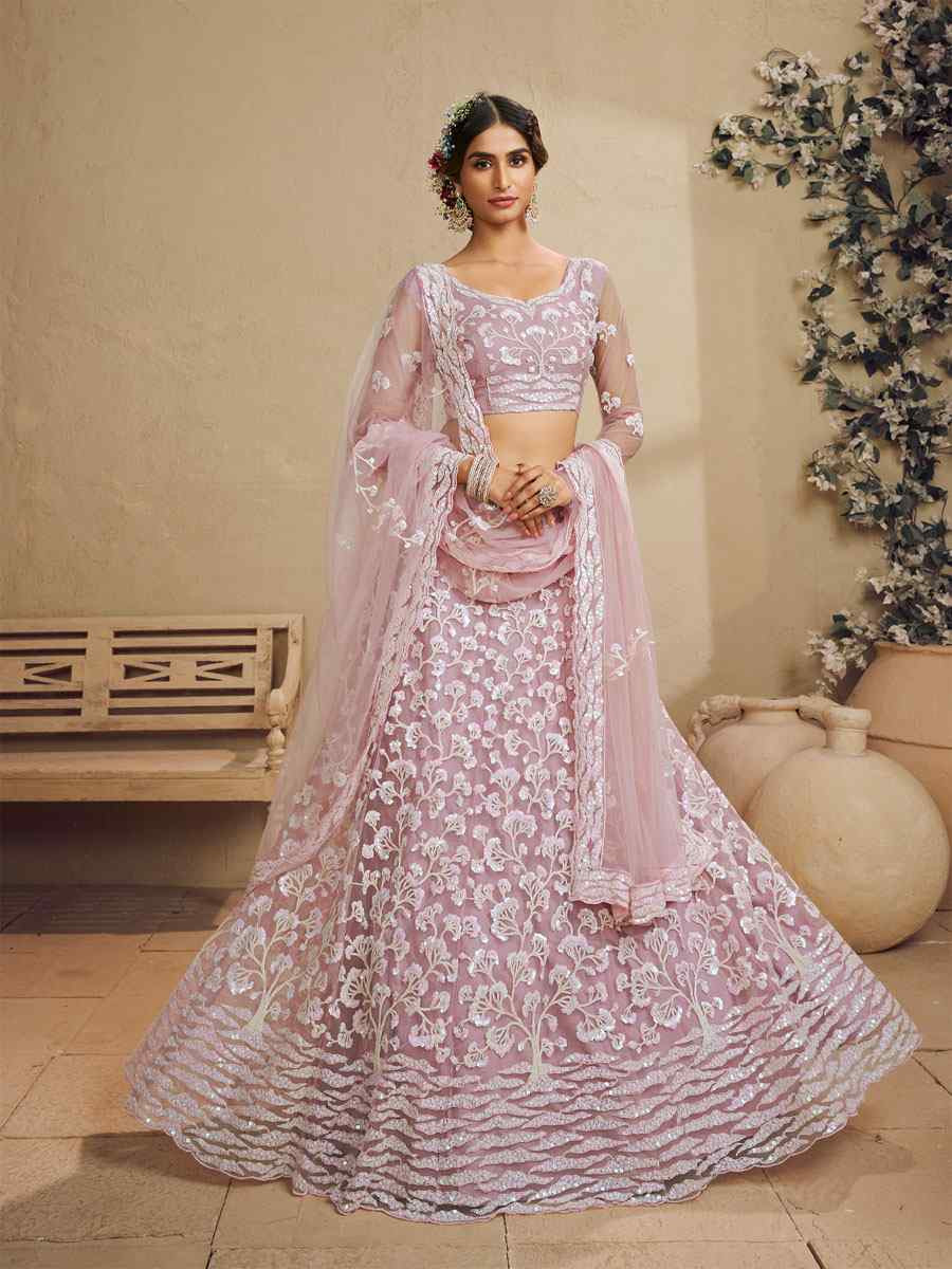Pink Net Embroidered Bridal Festival Reception Wedding Traditional Heavy Border Lehenga Choli