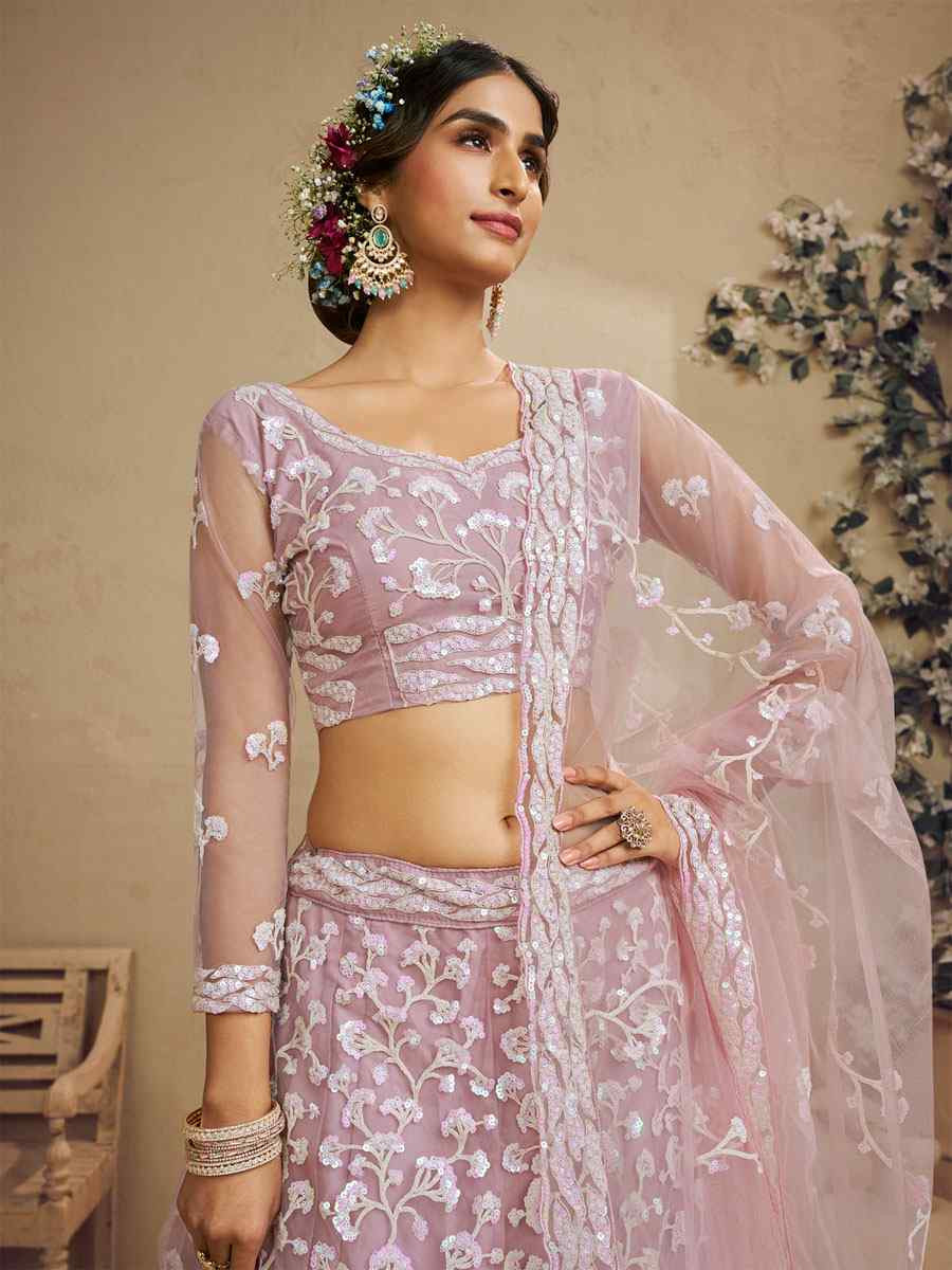 Pink Net Embroidered Bridal Festival Reception Wedding Traditional Heavy Border Lehenga Choli