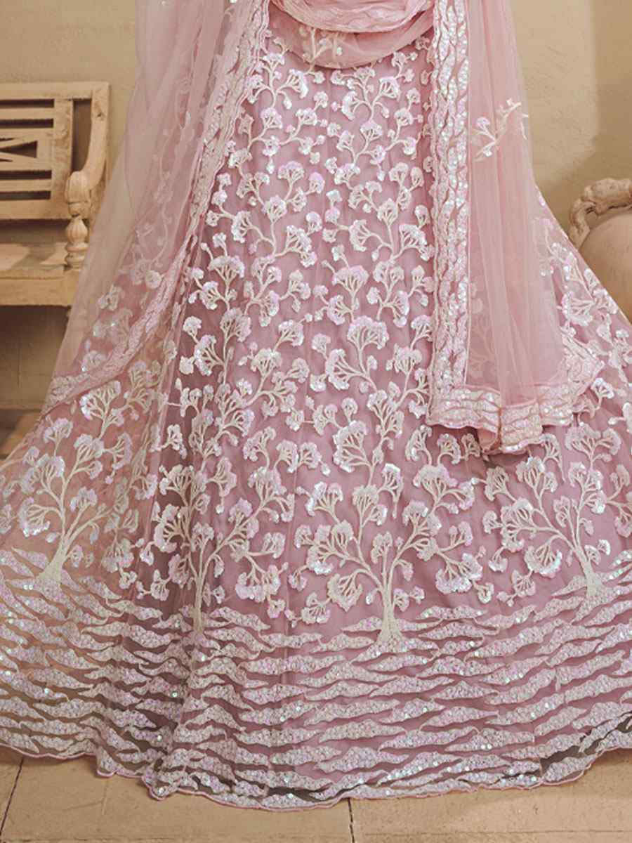 Pink Net Embroidered Bridal Festival Reception Wedding Traditional Heavy Border Lehenga Choli