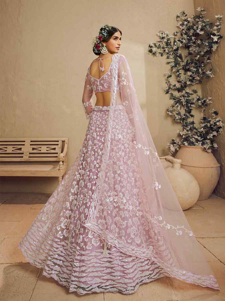 Pink Net Embroidered Bridal Festival Reception Wedding Traditional Heavy Border Lehenga Choli