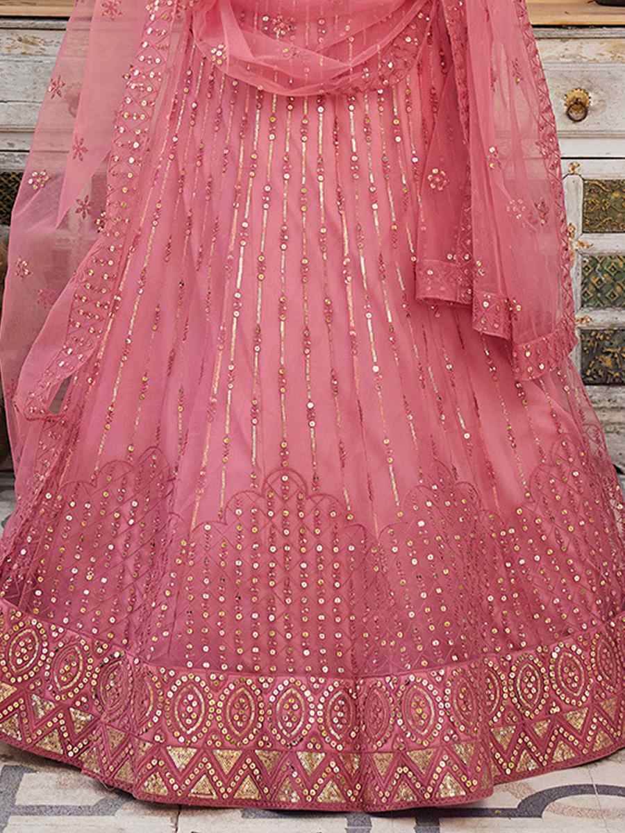 Pink Net Embroidered Bridesmaid Wedding Heavy Border Lehenga Choli