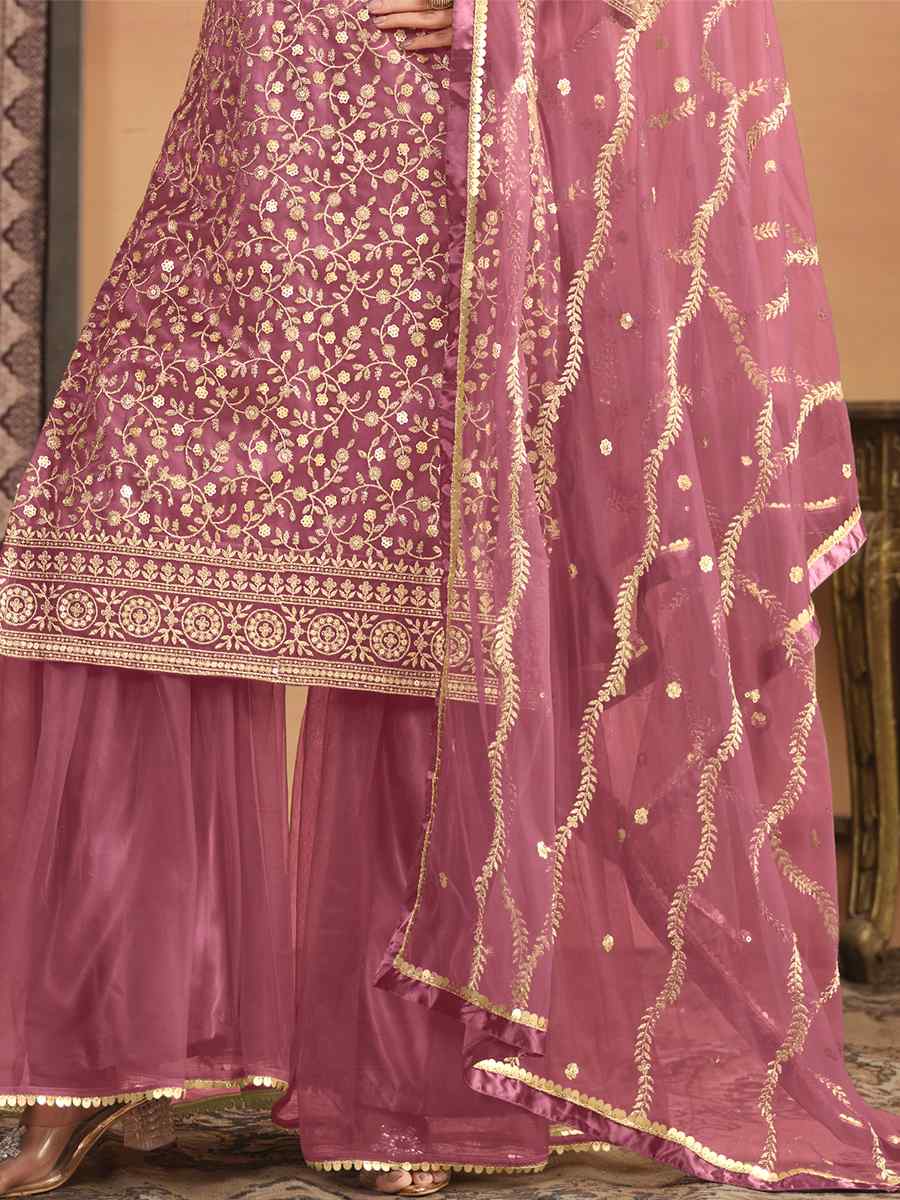 Pink Net Embroidered Bridesmaid Wedding Palazzo Pant Salwar Kameez
