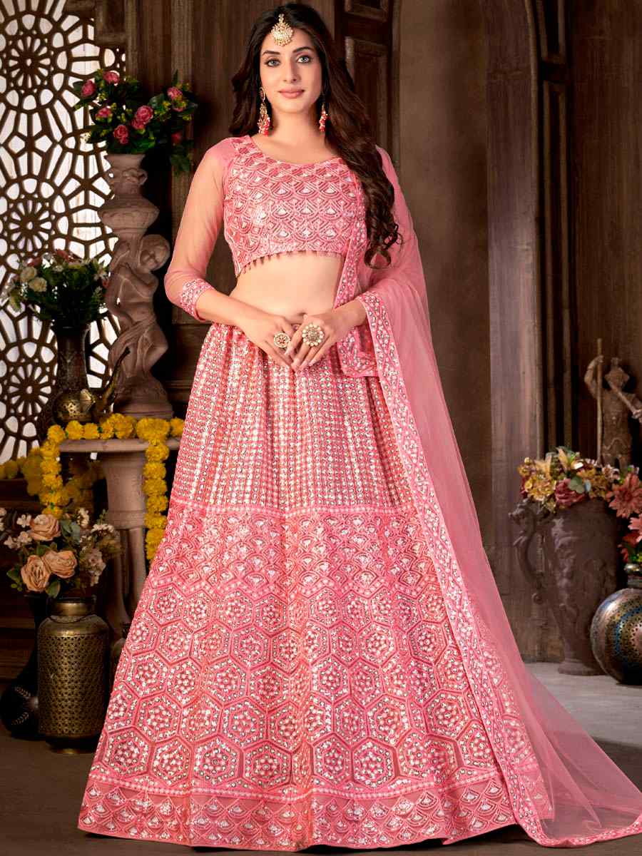 Pink Net Embroidered Festival Party Wear Heavy Border Lehenga Choli