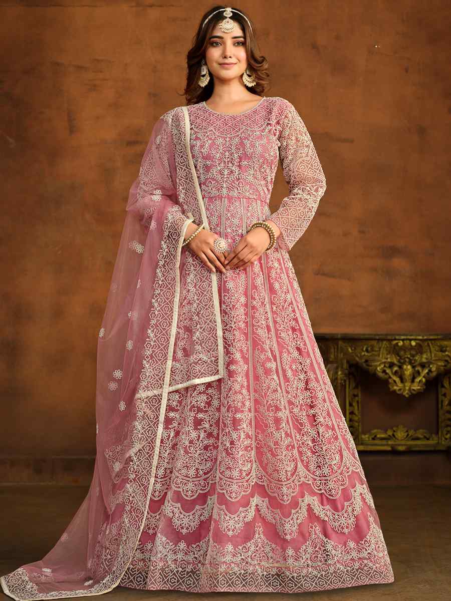 Pink Net Embroidered Festival Wedding Anarkali Salwar Kameez