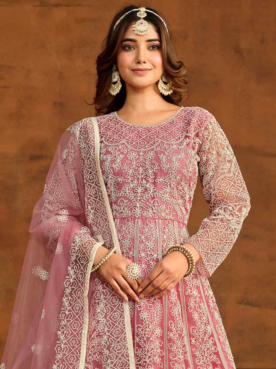 Pink Net Embroidered Festival Wedding Anarkali Salwar Kameez