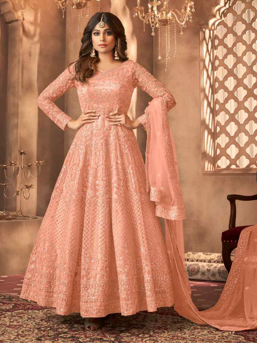 Pink Net Embroidered Festival Wedding Anarkali Salwar Kameez