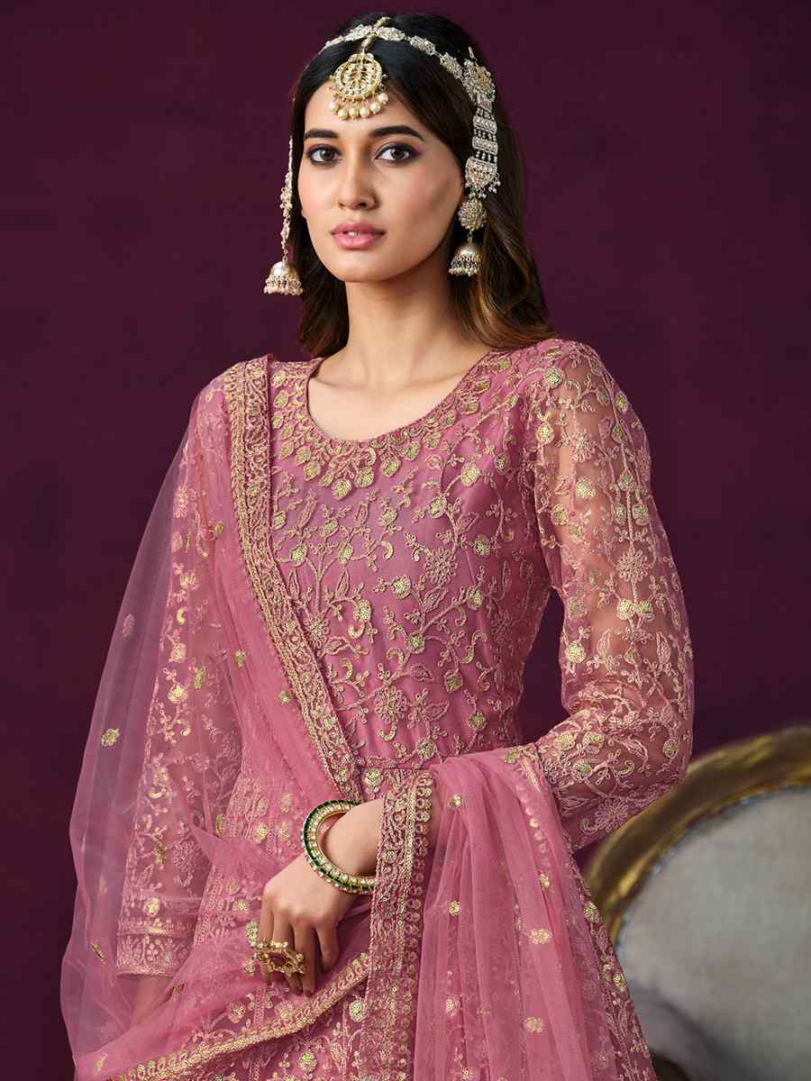 Pink Net Embroidered Festival Wedding Anarkali Salwar Kameez