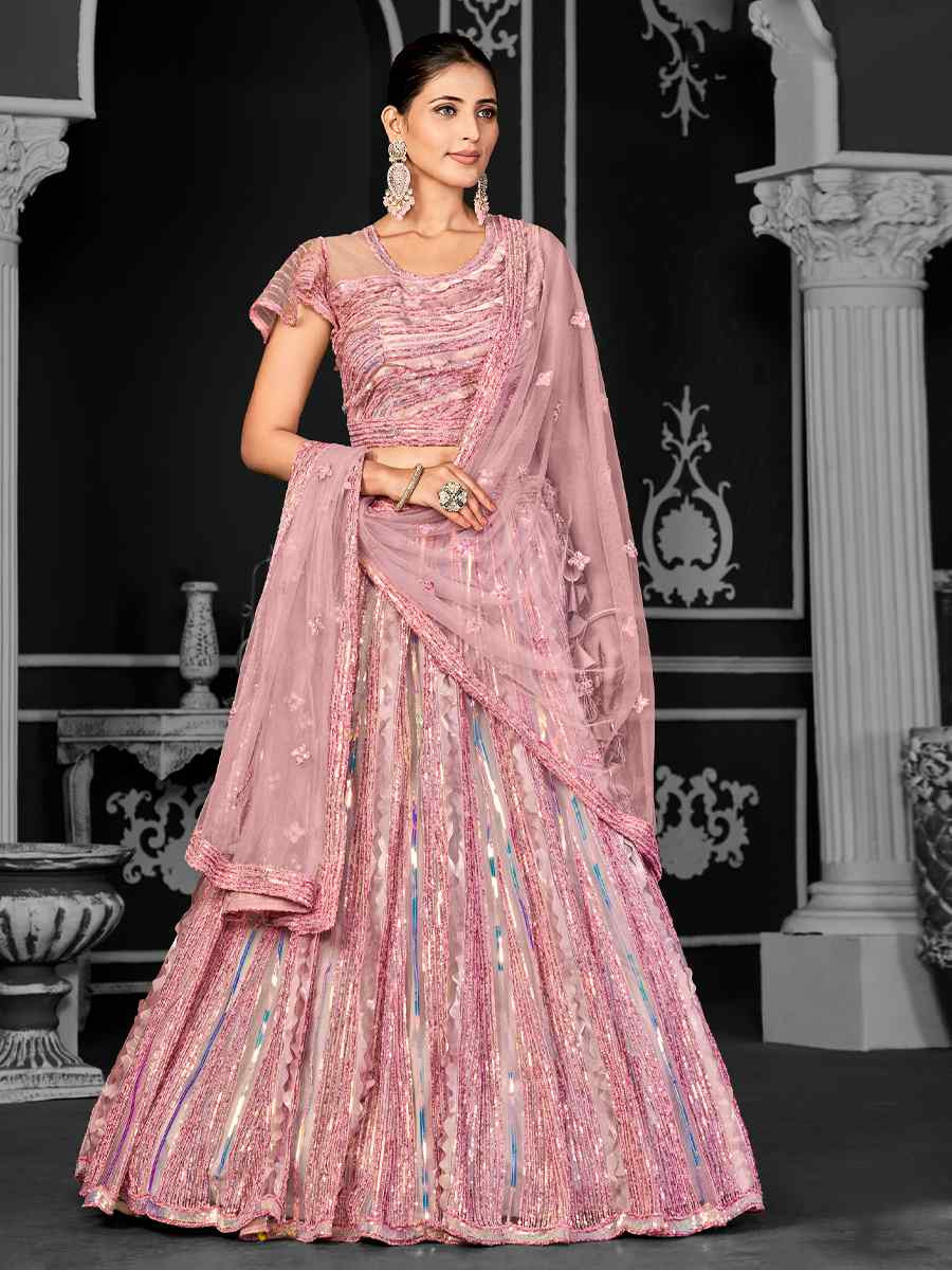Pink Net Embroidered Festival Wedding Ceremony Circular Lehenga Choli