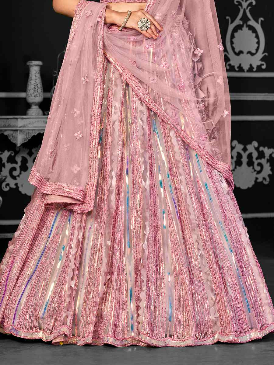 Pink Net Embroidered Festival Wedding Ceremony Circular Lehenga Choli