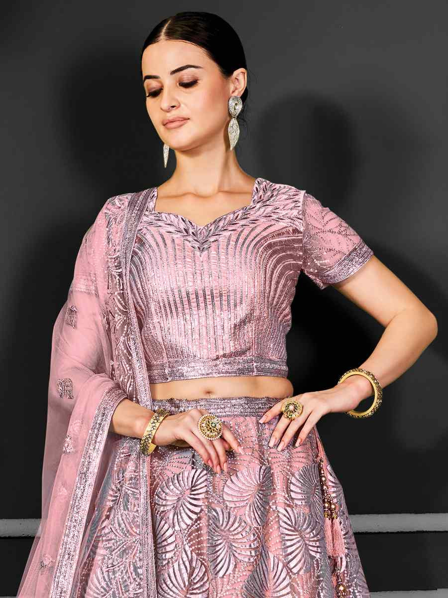Pink Net Embroidered Festival Wedding Ceremony Circular Lehenga Choli