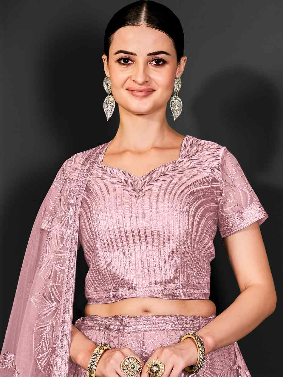 Pink Net Embroidered Festival Wedding Ceremony Circular Lehenga Choli