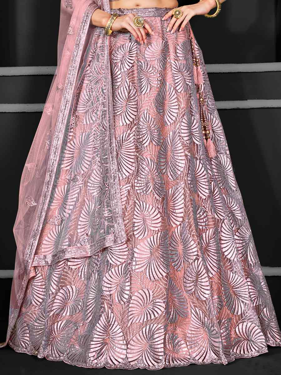 Pink Net Embroidered Festival Wedding Ceremony Circular Lehenga Choli