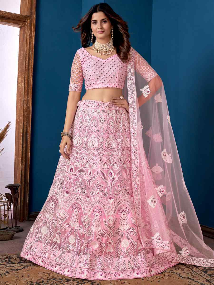 Pink Net Embroidered Festival Wedding Circular Lehenga Choli
