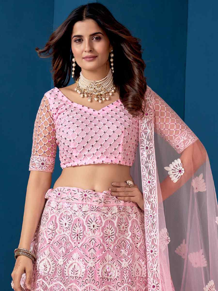 Pink Net Embroidered Festival Wedding Circular Lehenga Choli