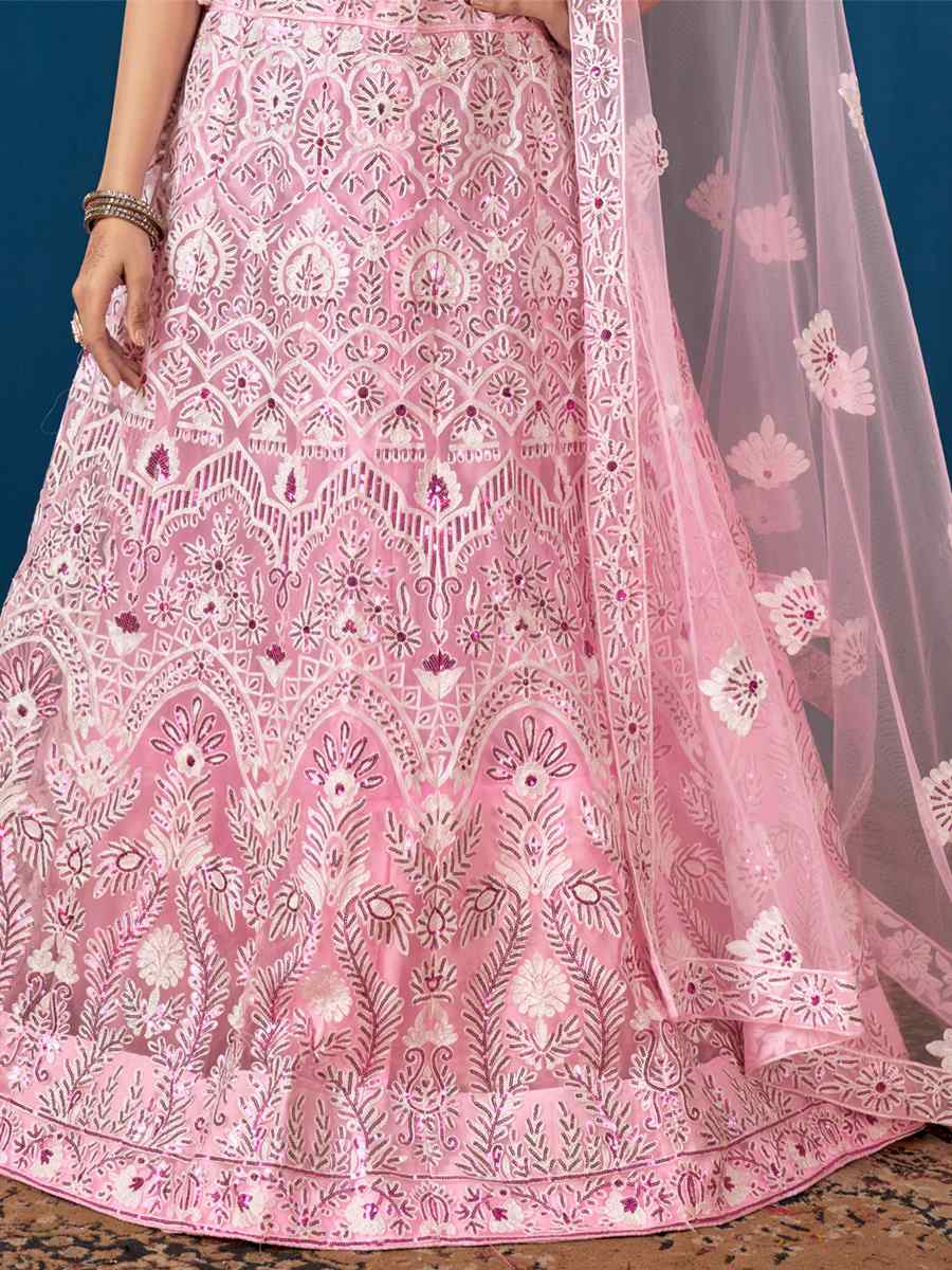 Pink Net Embroidered Festival Wedding Circular Lehenga Choli