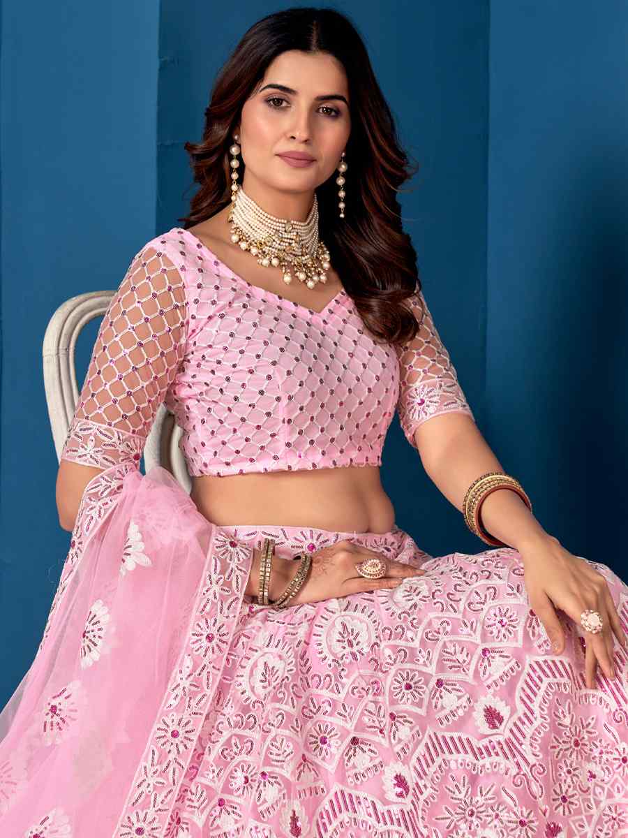 Pink Net Embroidered Festival Wedding Circular Lehenga Choli