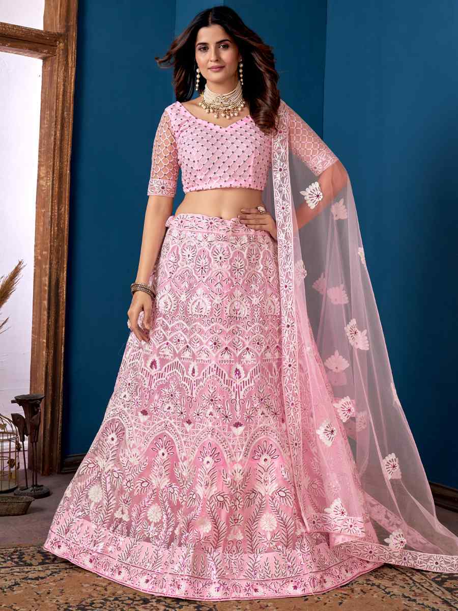 Pink Net Embroidered Festival Wedding Circular Lehenga Choli