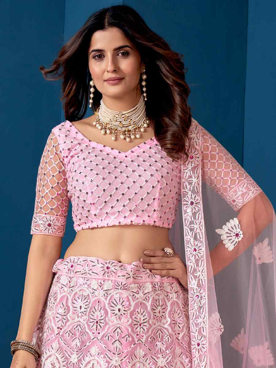 Pink Net Embroidered Festival Wedding Circular Lehenga Choli