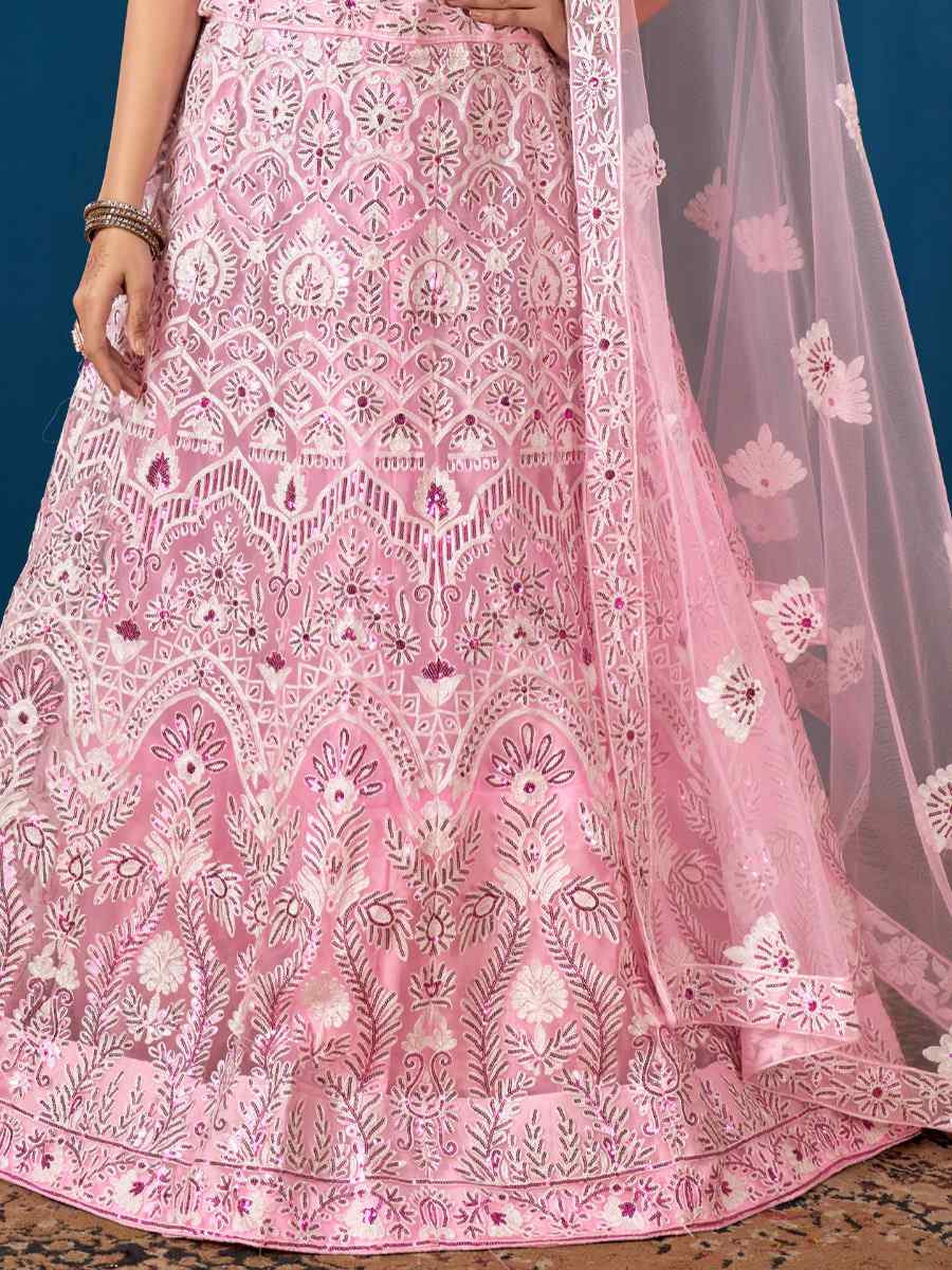 Pink Net Embroidered Festival Wedding Circular Lehenga Choli