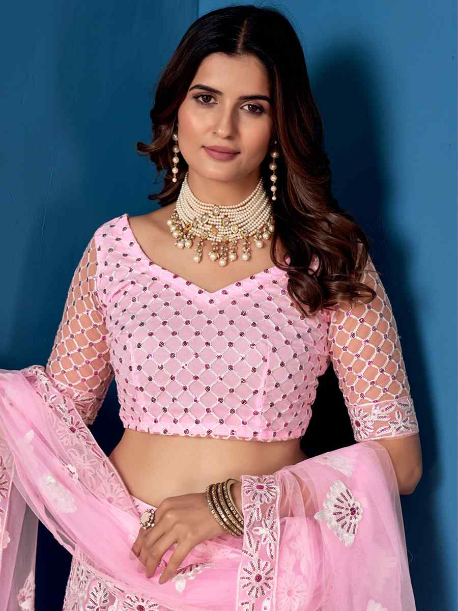 Pink Net Embroidered Festival Wedding Circular Lehenga Choli