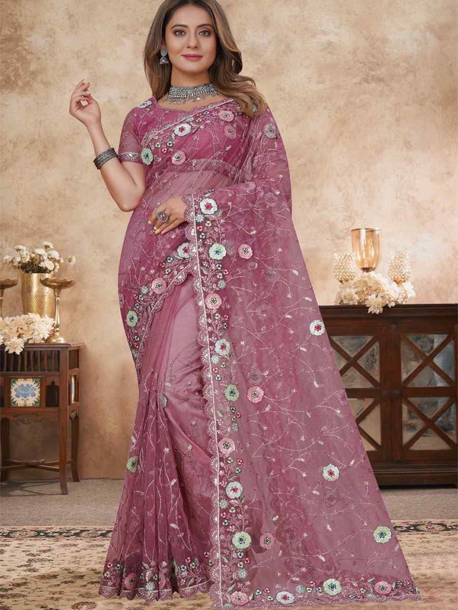 Pink Net Embroidered Festival Wedding Fancy Heavy Border Saree