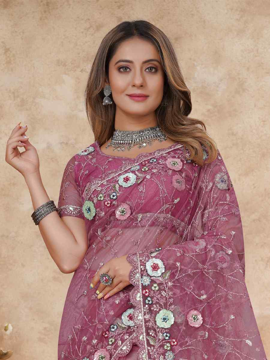 Pink Net Embroidered Festival Wedding Fancy Heavy Border Saree
