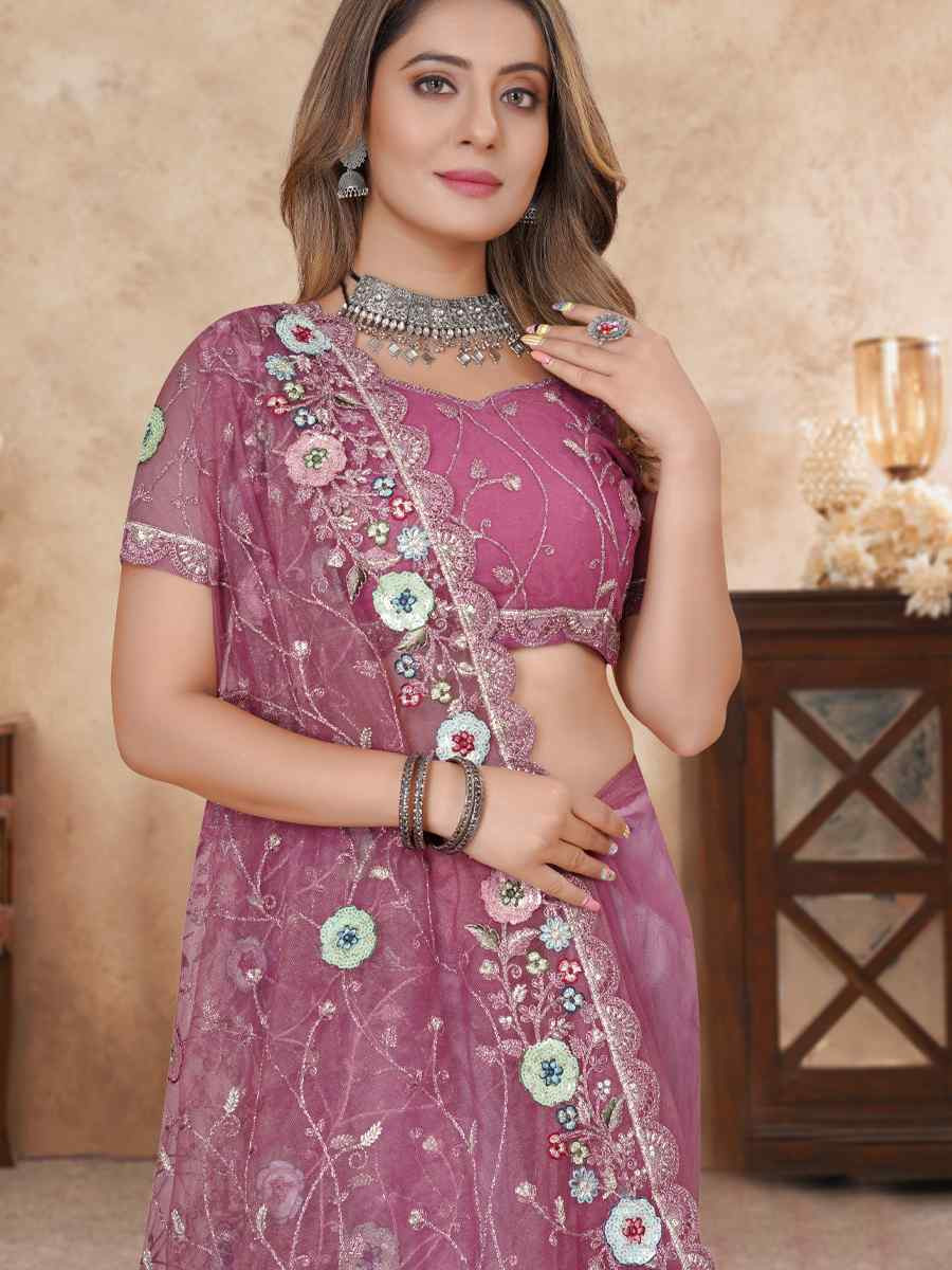 Pink Net Embroidered Festival Wedding Fancy Heavy Border Saree