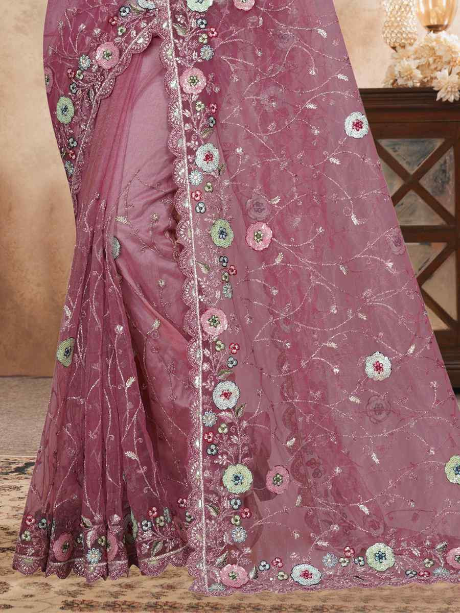 Pink Net Embroidered Festival Wedding Fancy Heavy Border Saree