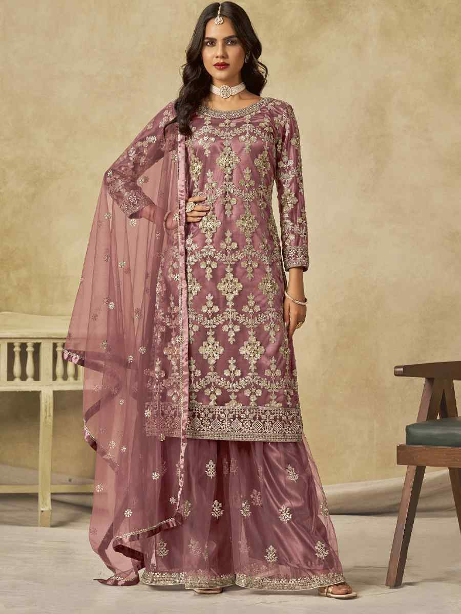 Pink Net Embroidered Festival Wedding Sharara Pant Salwar Kameez