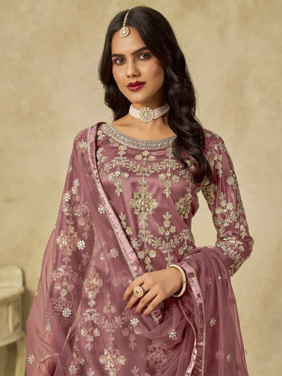 Pink Net Embroidered Festival Wedding Sharara Pant Salwar Kameez