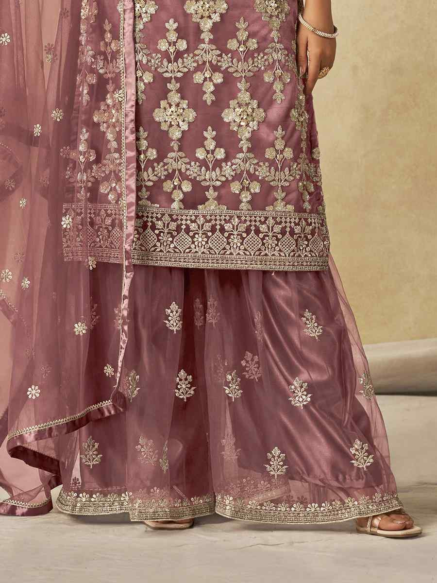 Pink Net Embroidered Festival Wedding Sharara Pant Salwar Kameez