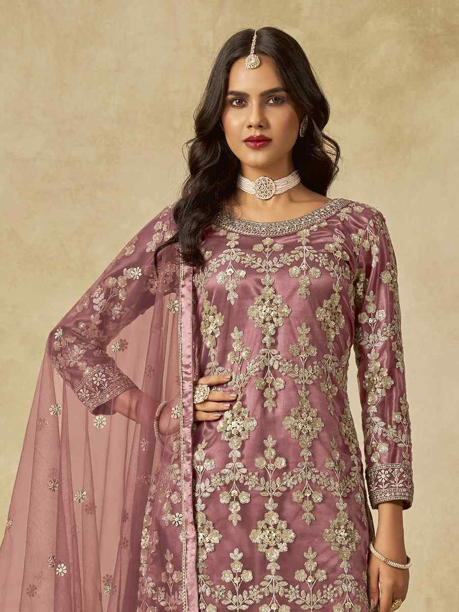 Pink Net Embroidered Festival Wedding Sharara Pant Salwar Kameez