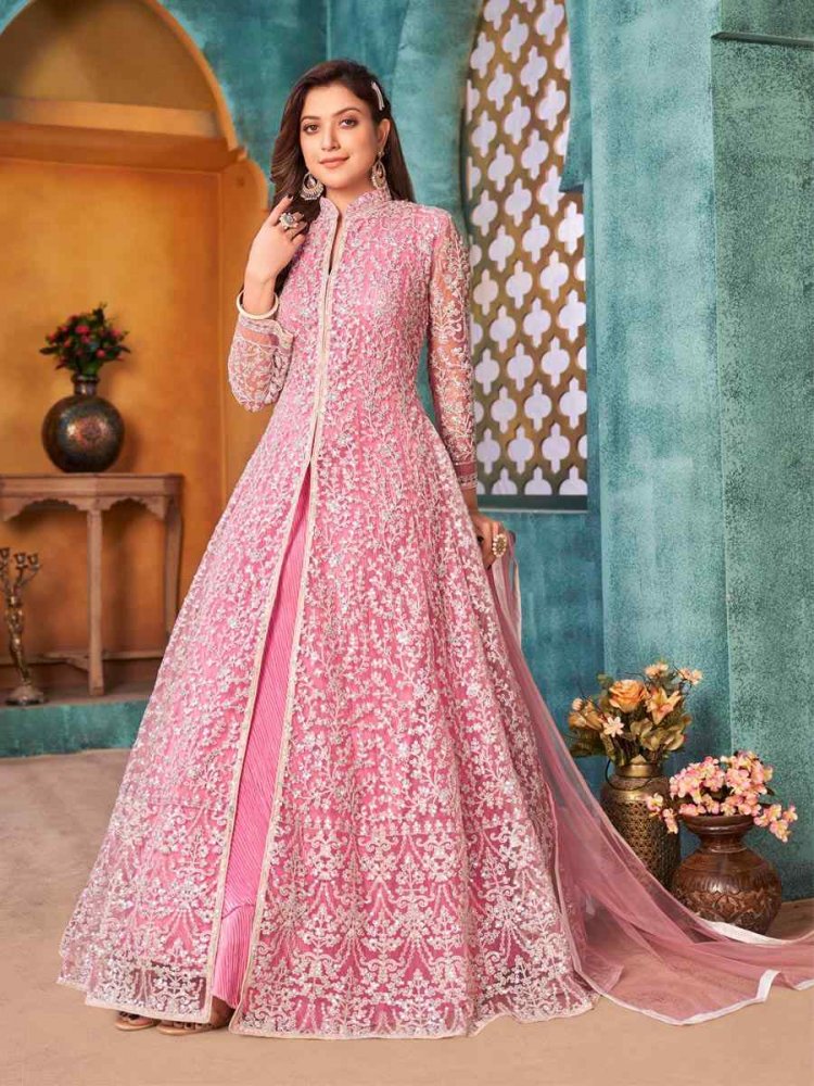 Pink Net Embroidered Party Engagement Anarkali Salwar Kameez