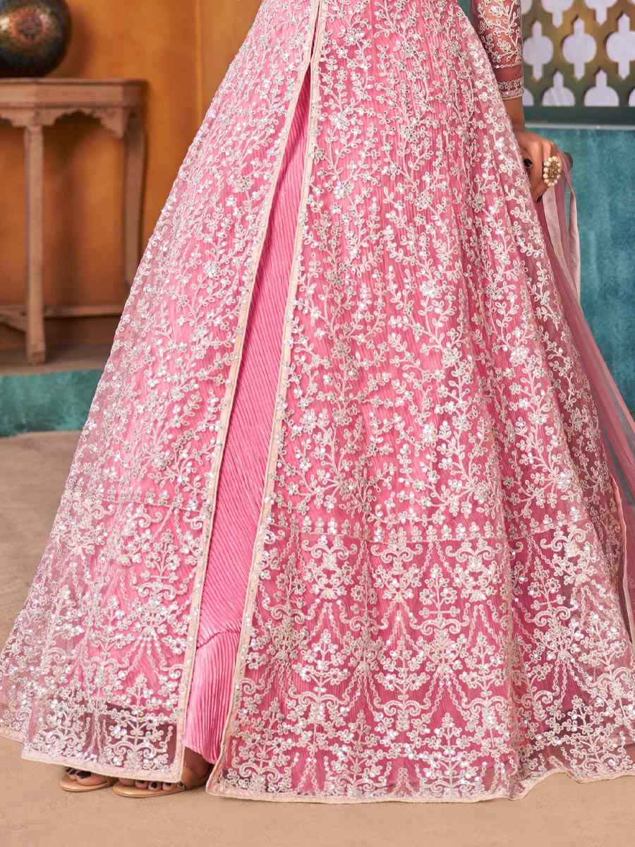 Pink Net Embroidered Party Engagement Anarkali Salwar Kameez