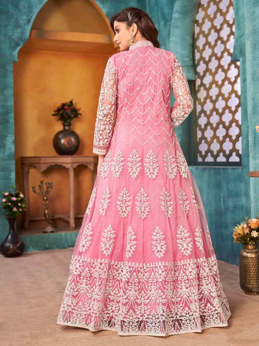 Pink Net Embroidered Party Engagement Anarkali Salwar Kameez