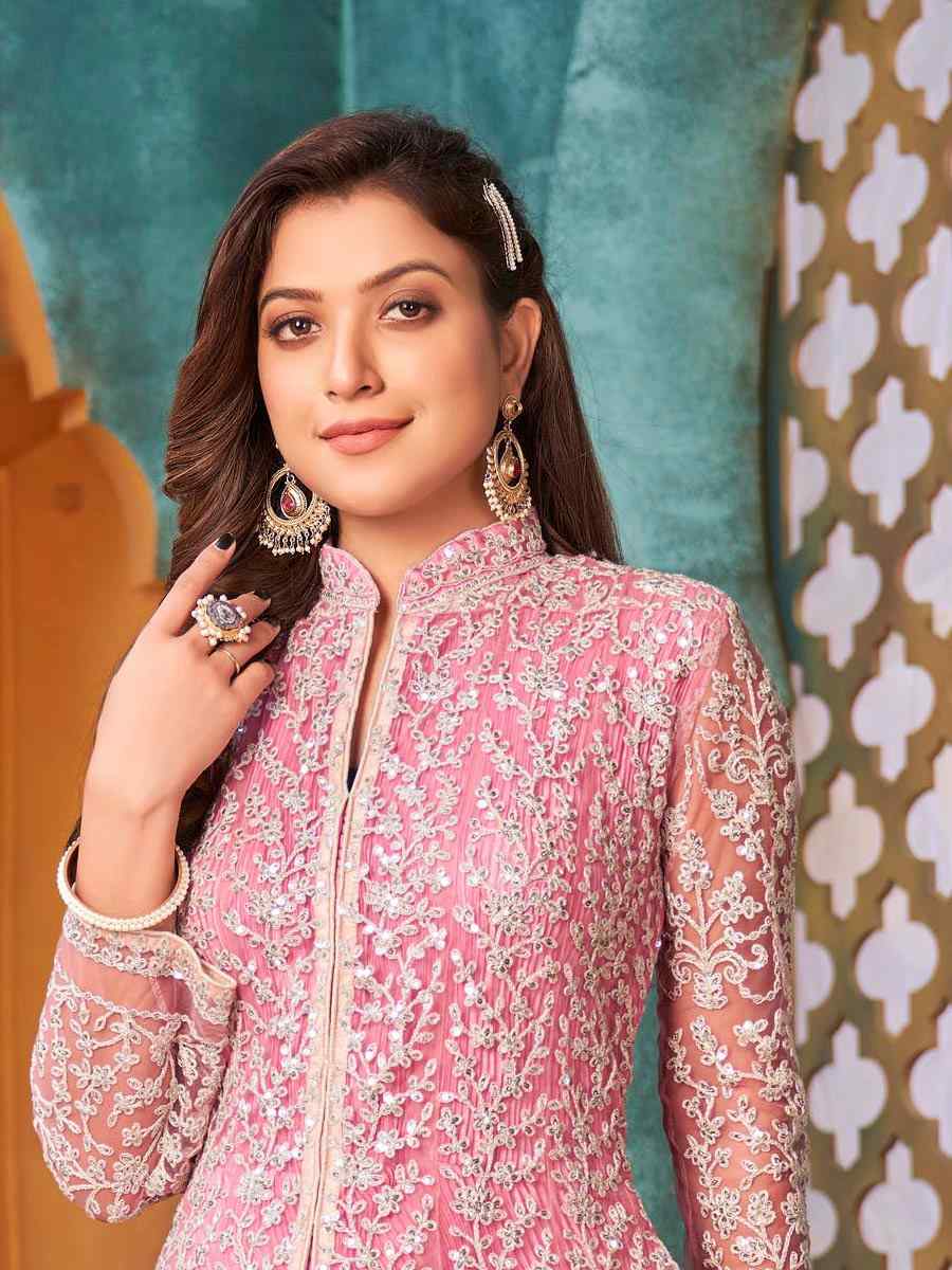 Pink Net Embroidered Party Engagement Anarkali Salwar Kameez