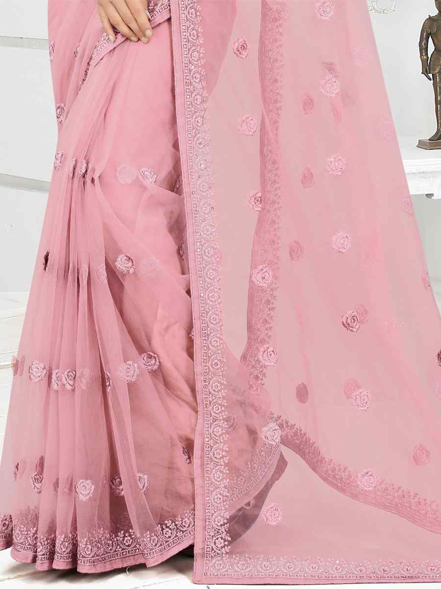 Pink Net Embroidered Party Festival Classic Style Saree