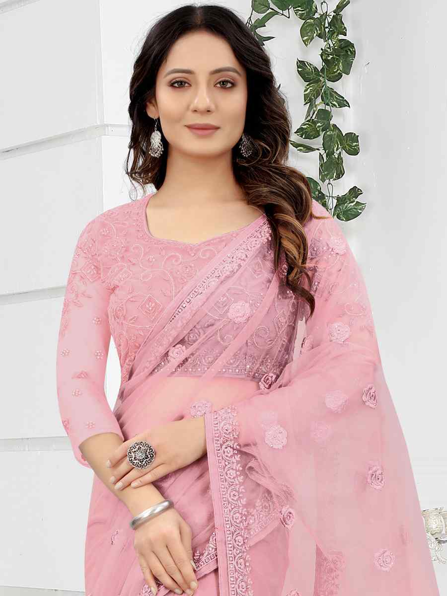 Pink Net Embroidered Party Festival Classic Style Saree