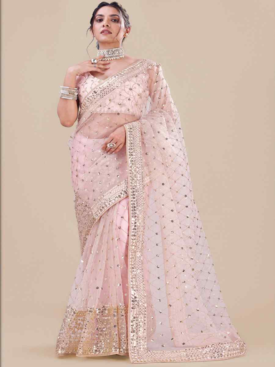 Pink Net Embroidered Party Festival Heavy Border Saree