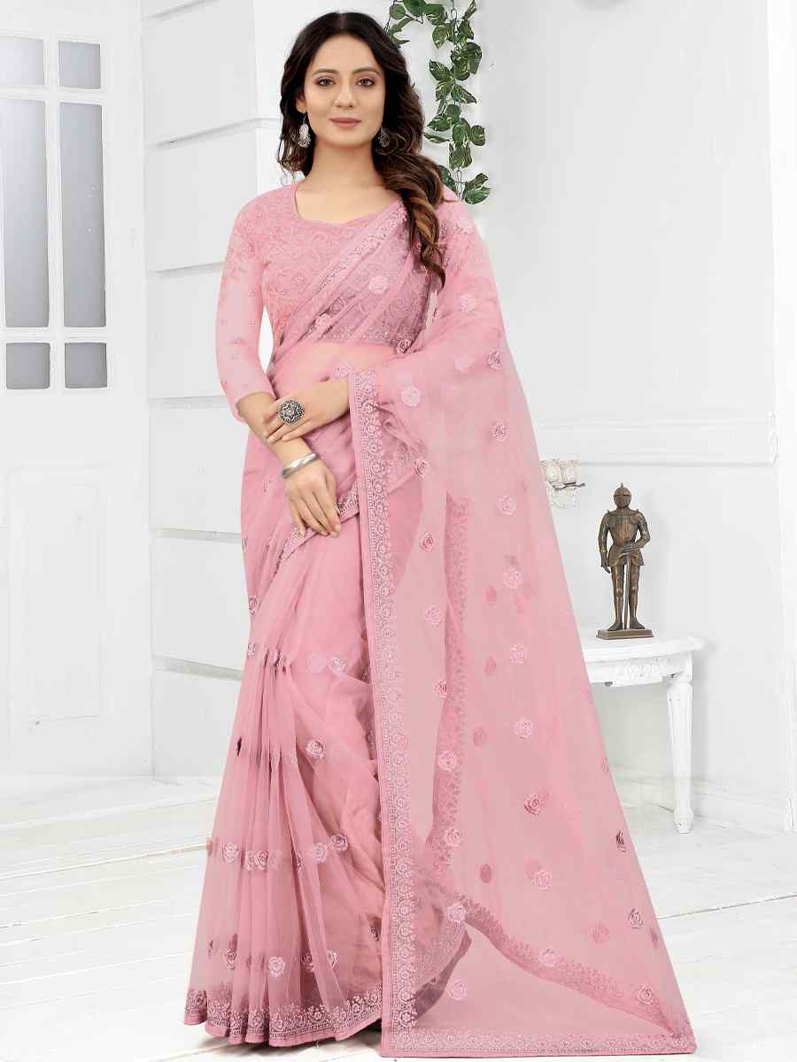 Pink Net Embroidered Party Reception Contemporary Saree