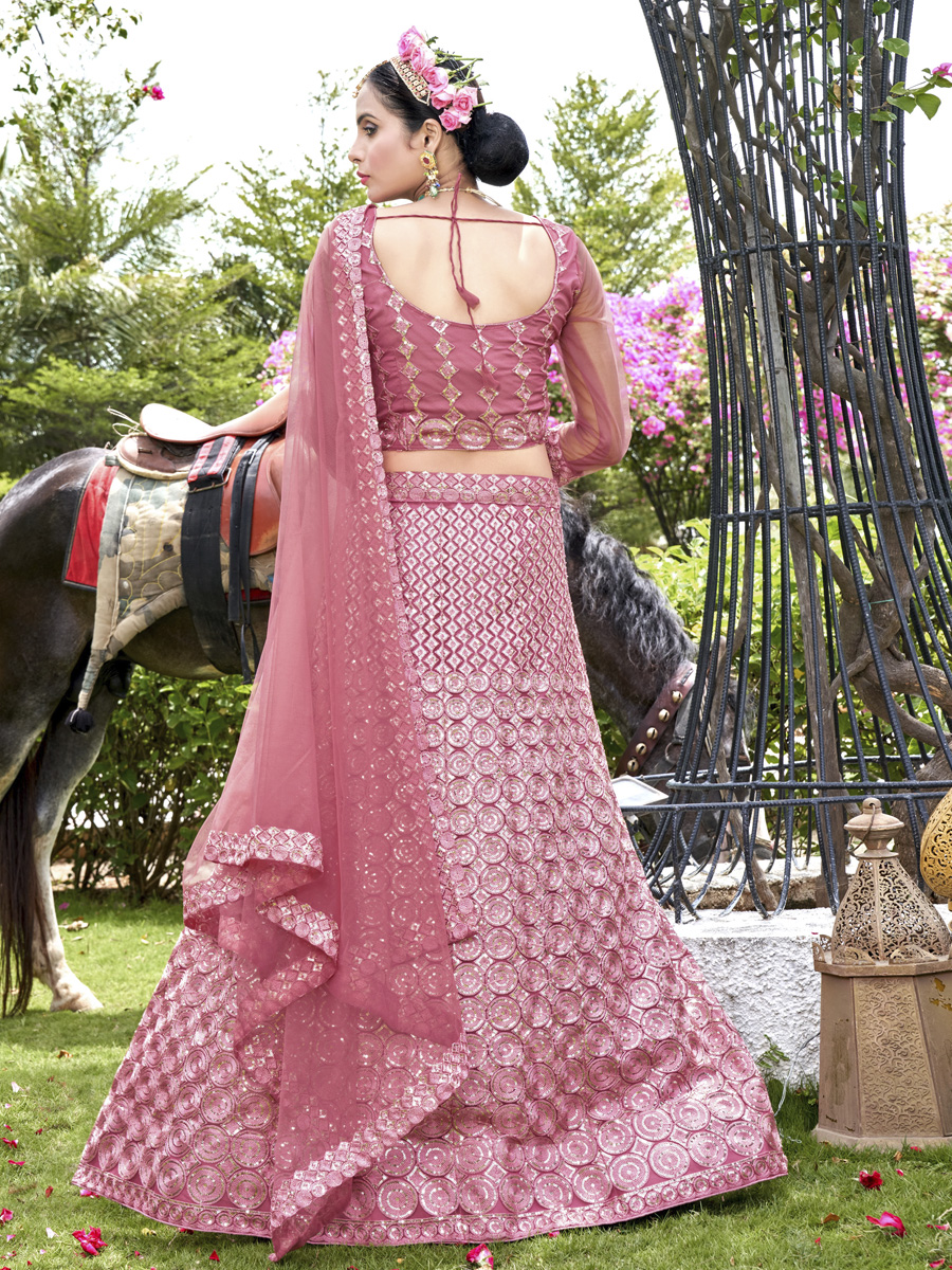 Pink Net Embroidered Party Wear Festival Heavy Border Lehenga Choli