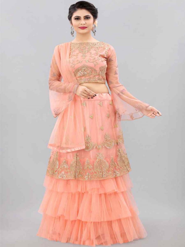 Pink Net Embroidered Party Wear Wedding Circular Lehenga Choli