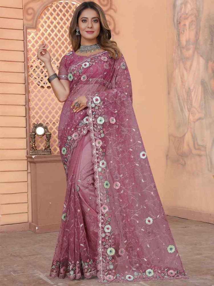 Pink Net Embroidered Reception Party Heavy Border Saree