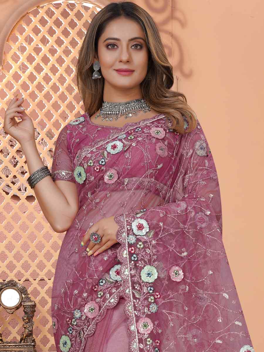 Pink Net Embroidered Reception Party Heavy Border Saree