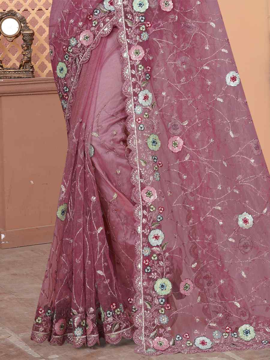 Pink Net Embroidered Reception Party Heavy Border Saree